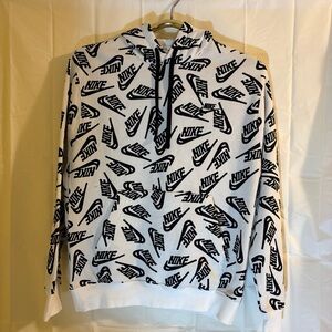 Nike White Hoodie with Black Script Logo Pattern